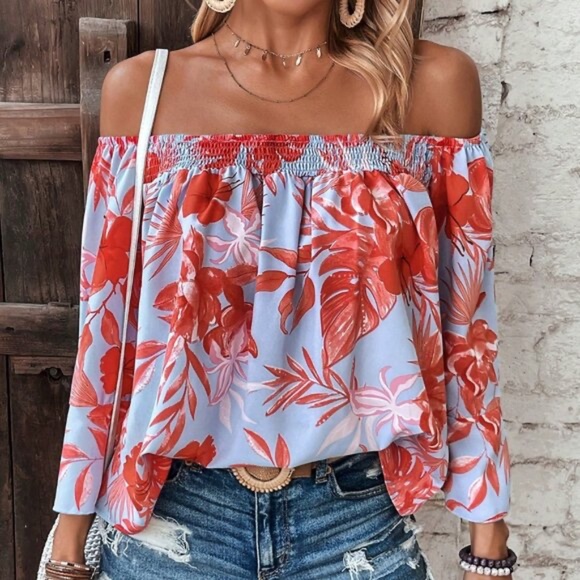 Multicolor Boho Women's Off Shoulder Blouse With Tropical Plant Print - Picture 1 of 1